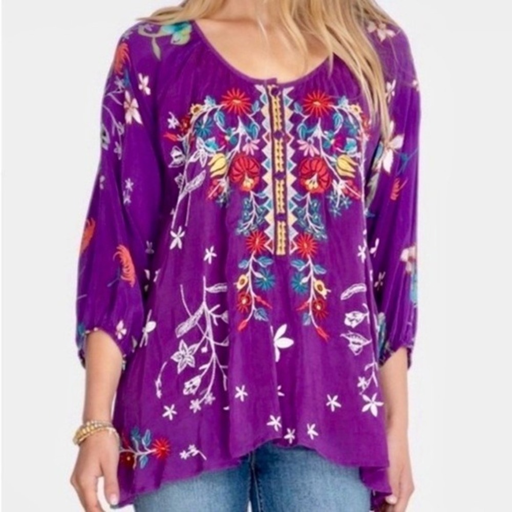 Johnny Was Women Forza Blouse Smal Embroidery Floral Rayon Purple Boho Oversized